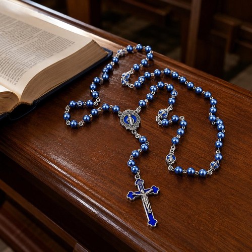Blue faux pearl catholic - blue,