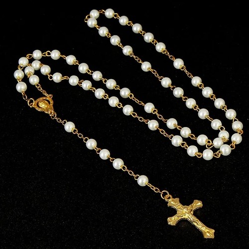 White pearl rosary beads - white,
